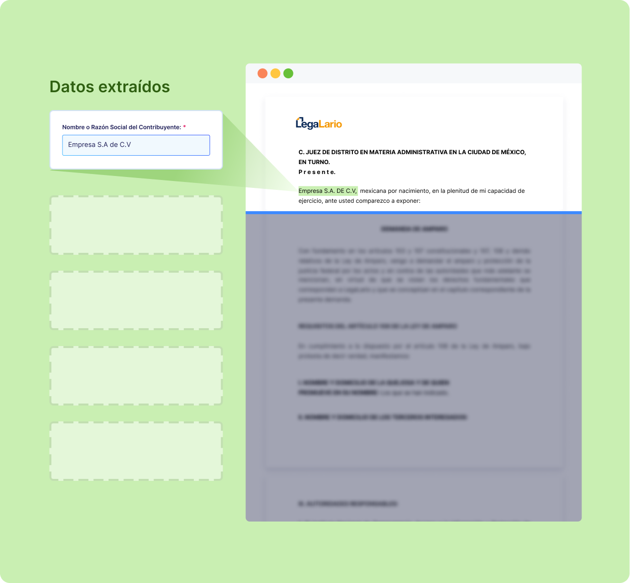 Interfaz de Legali mostrando datos extraídos automáticamente de documentos legales