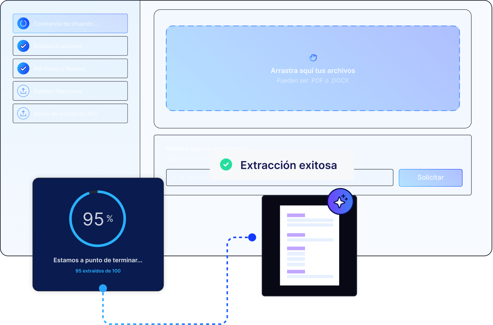 Interfaz de Legali mostrando extracción automática de datos de documentos legales